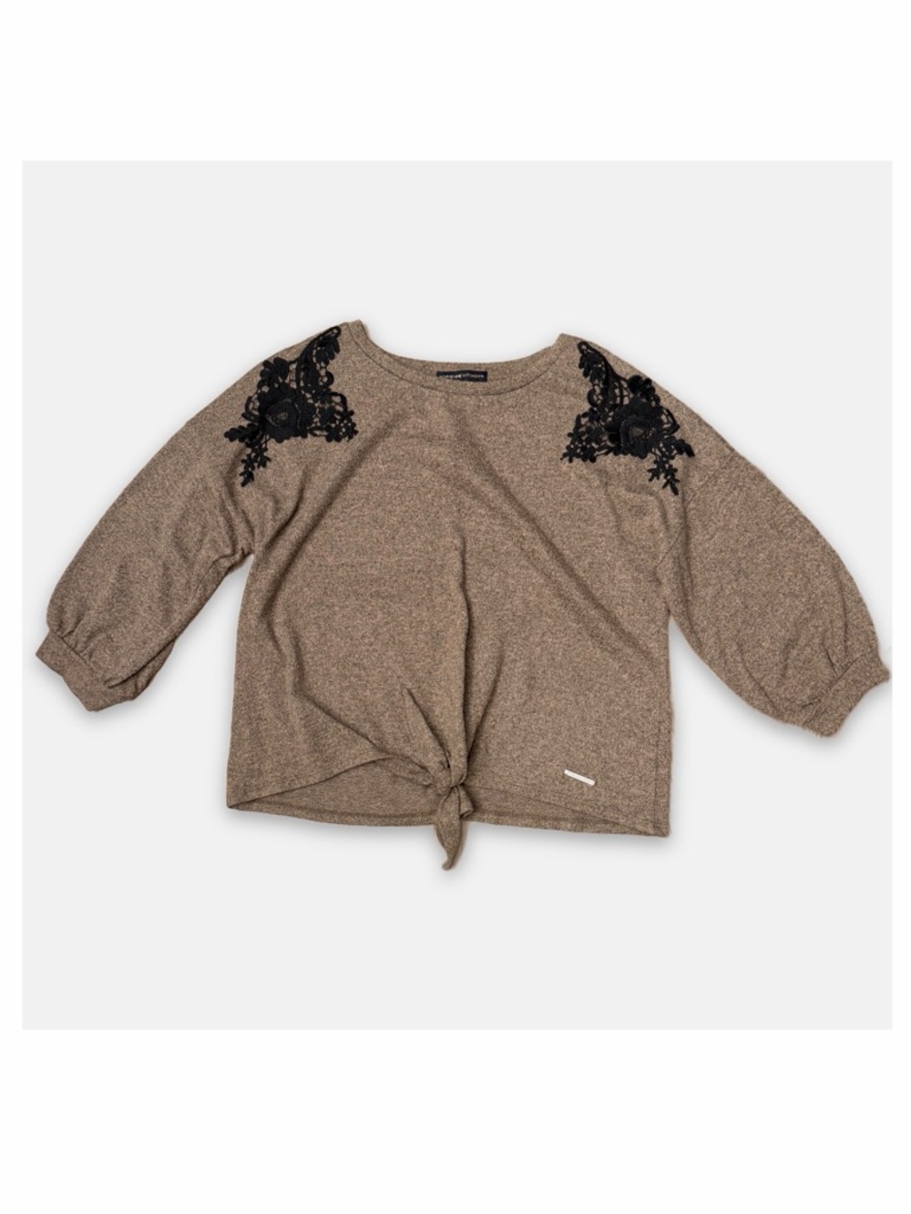 Adrienne Vittadini Tie‎ Front Knit Top Women's Large Embroidered Lace Lagenlook